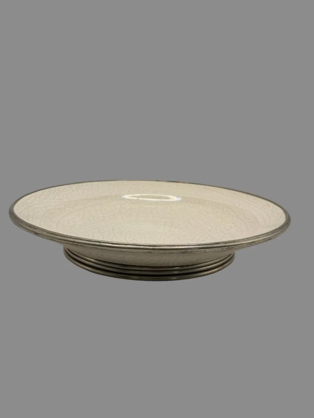 VTG ORNO Crackle Glaze Ceramic Centerpiece Bowl Metal Trim MCM Danish Modern 11